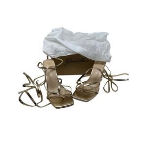 GENSHUO Sq Toe Lace up High Heels Strappy Sandals Woman 10